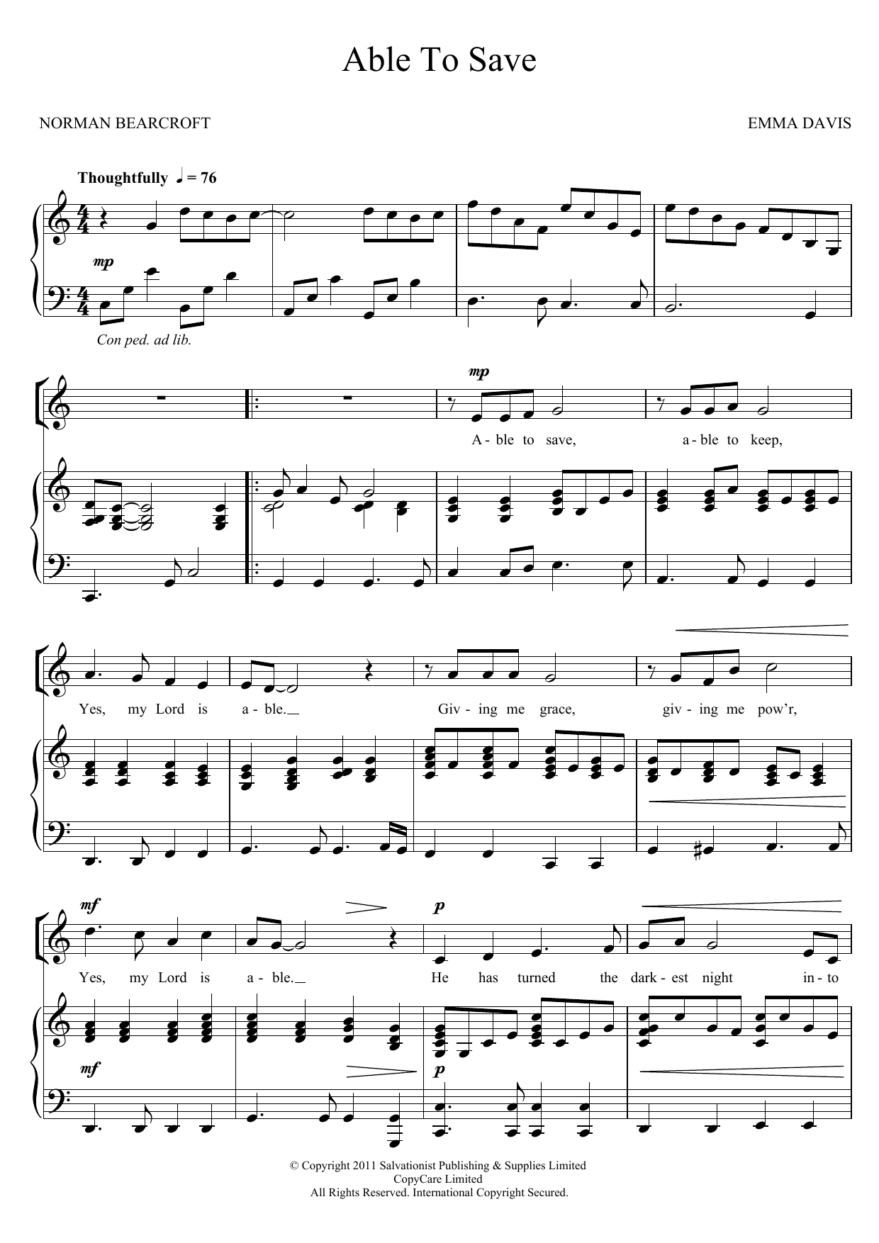 The Salvation Army Able To Save sheet music notes and chords arranged for Piano, Vocal & Guitar Chords