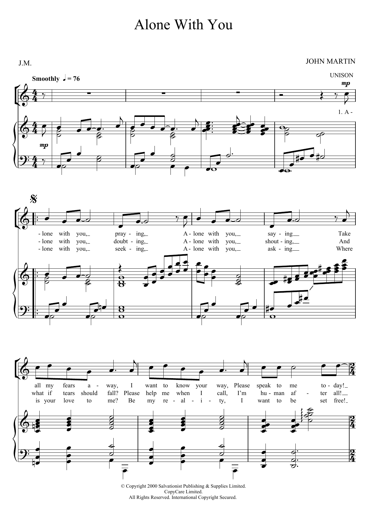 The Salvation Army Alone With You sheet music notes and chords arranged for Piano, Vocal & Guitar Chords