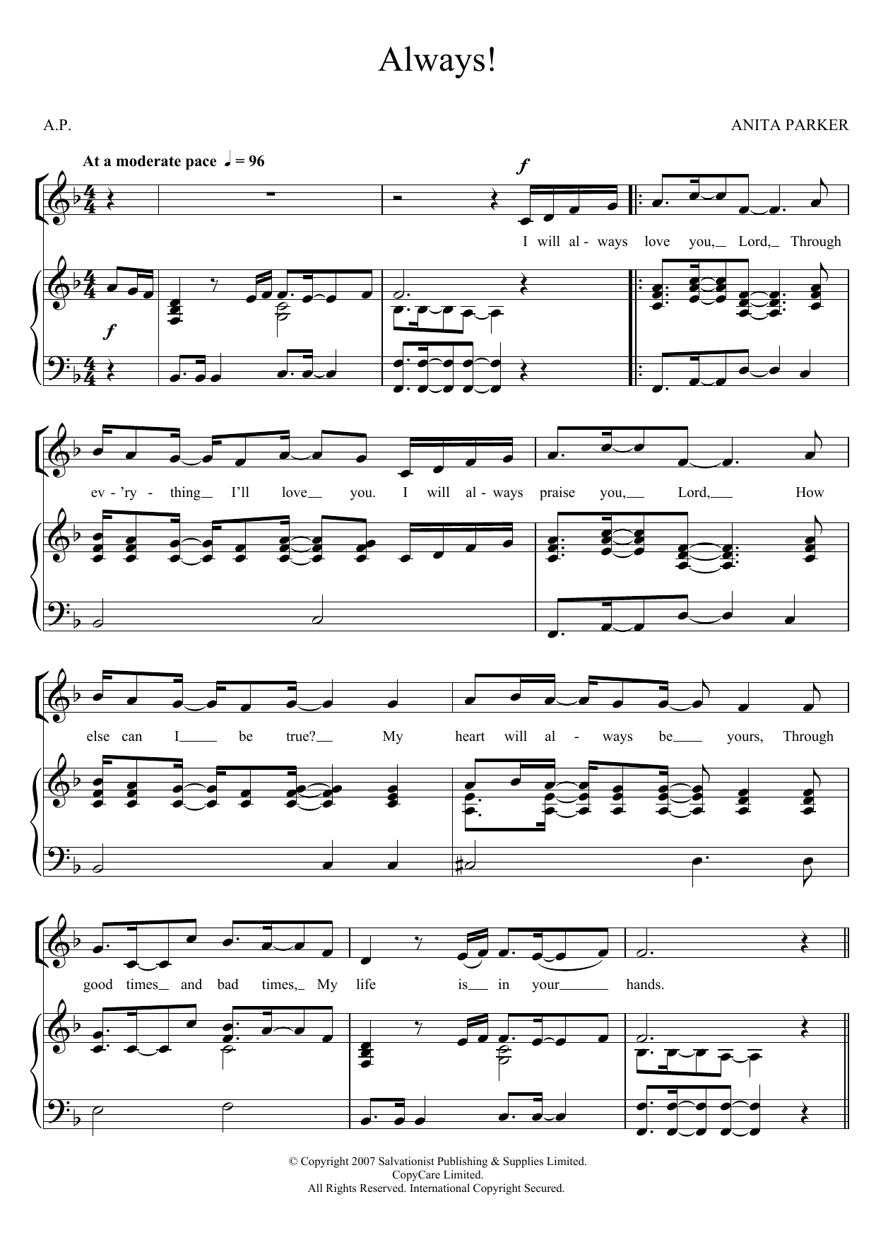 The Salvation Army Always! sheet music notes and chords arranged for Piano, Vocal & Guitar Chords