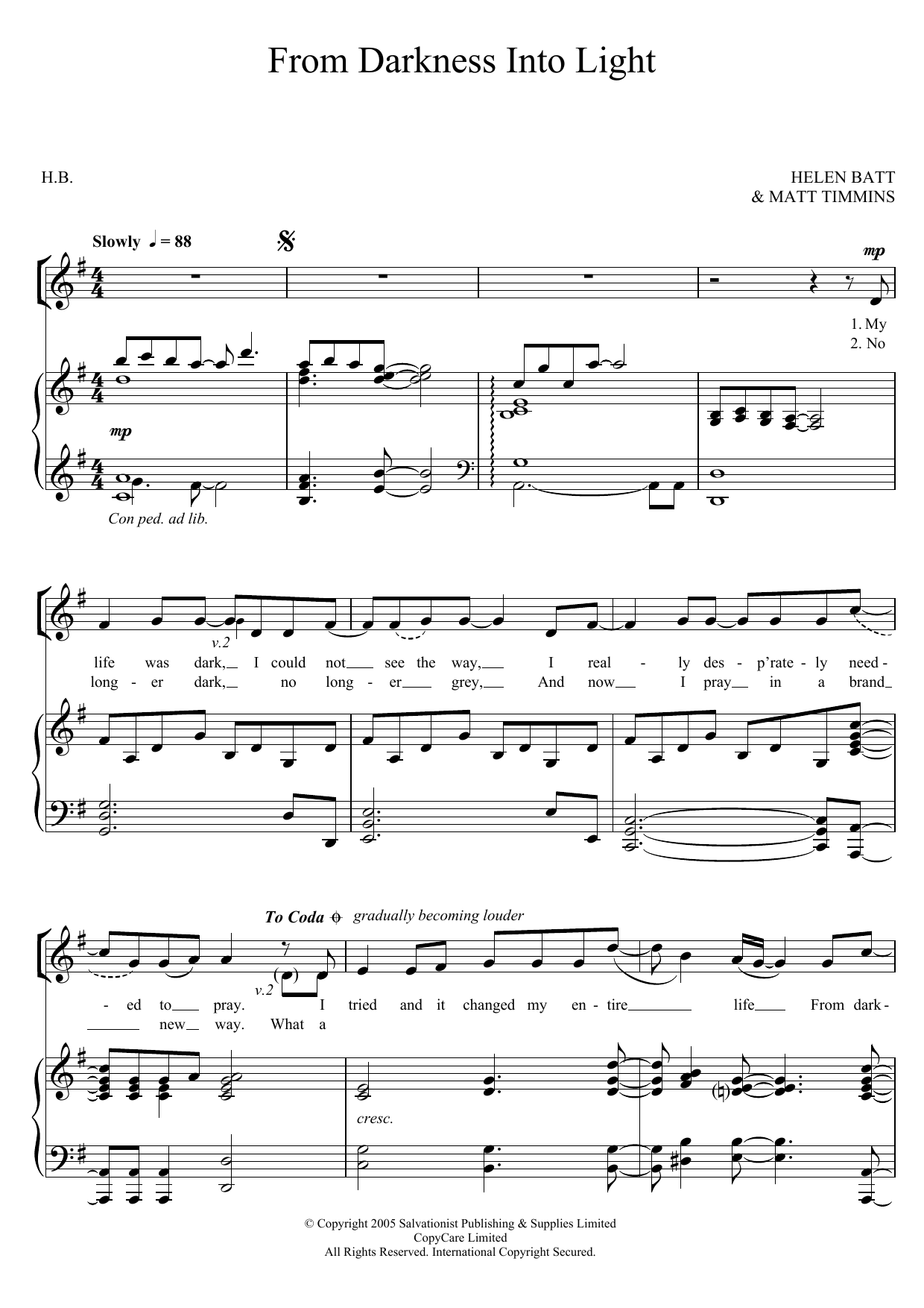 The Salvation Army From Darkness Into Light sheet music notes and chords arranged for Piano, Vocal & Guitar Chords