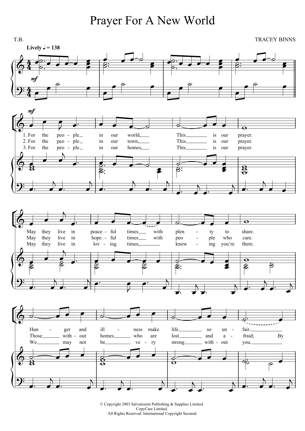 The Salvation Army Prayer For A New World sheet music notes and chords arranged for Piano, Vocal & Guitar Chords