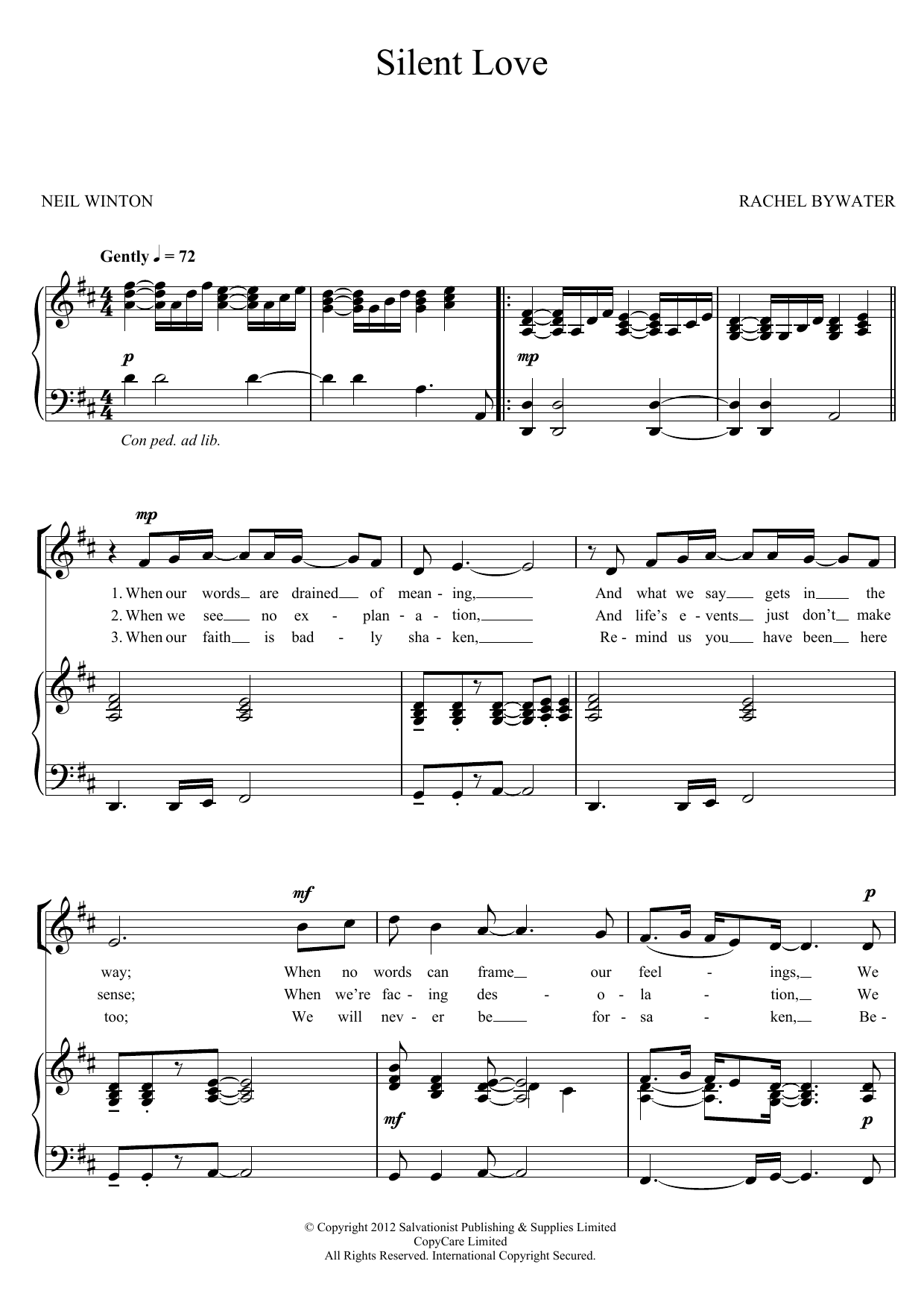 The Salvation Army Silent Love sheet music notes and chords arranged for Piano, Vocal & Guitar Chords