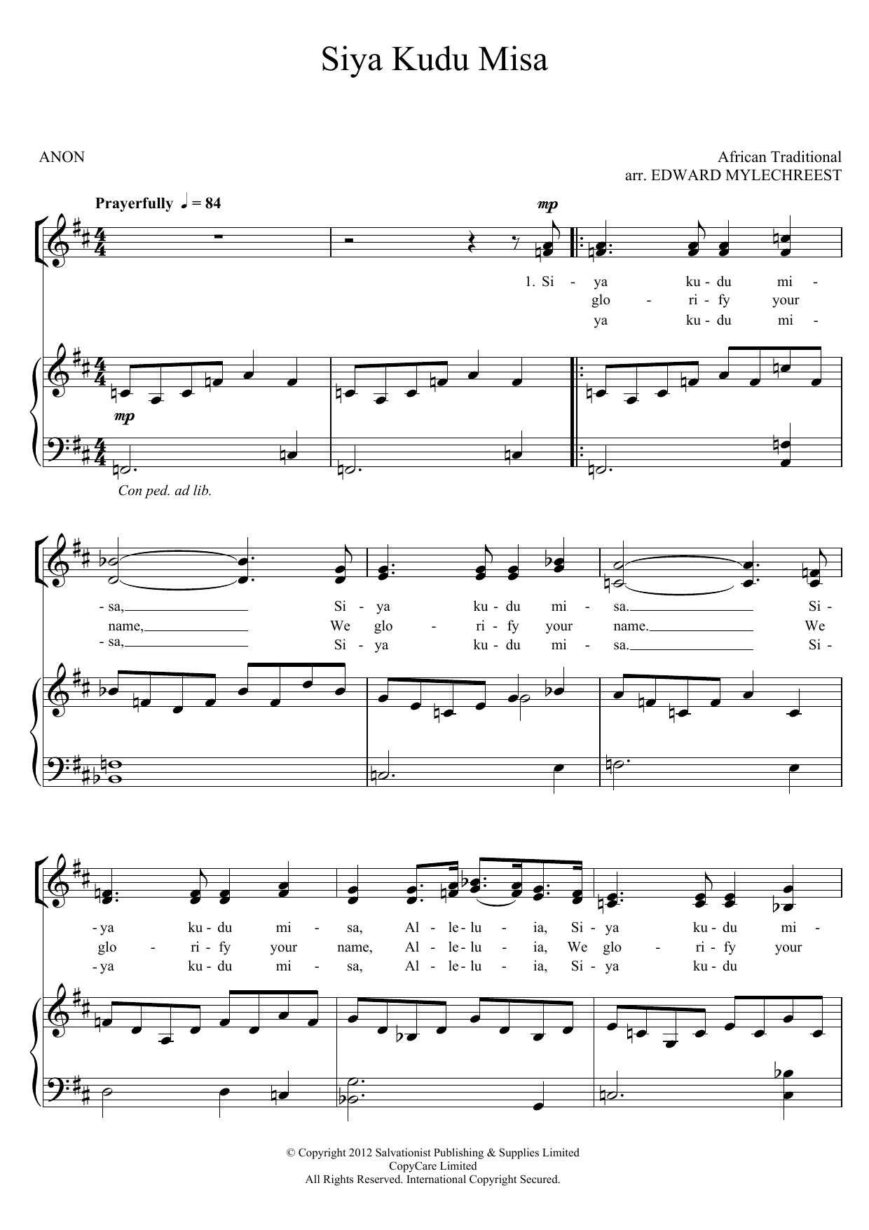 The Salvation Army Siya Kuda Misa sheet music notes and chords arranged for Piano, Vocal & Guitar Chords