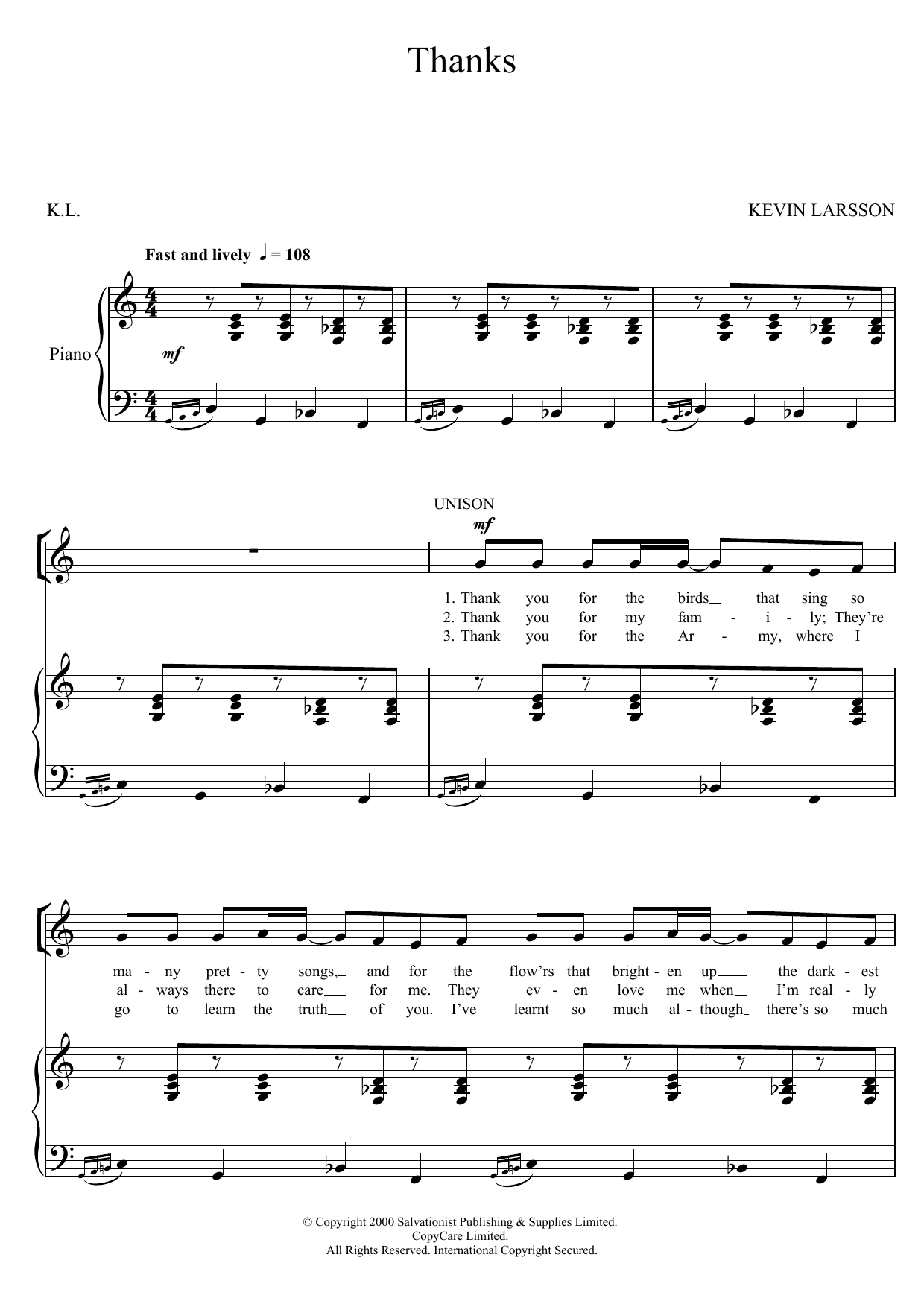 The Salvation Army Thanks sheet music notes and chords arranged for Unison Choir