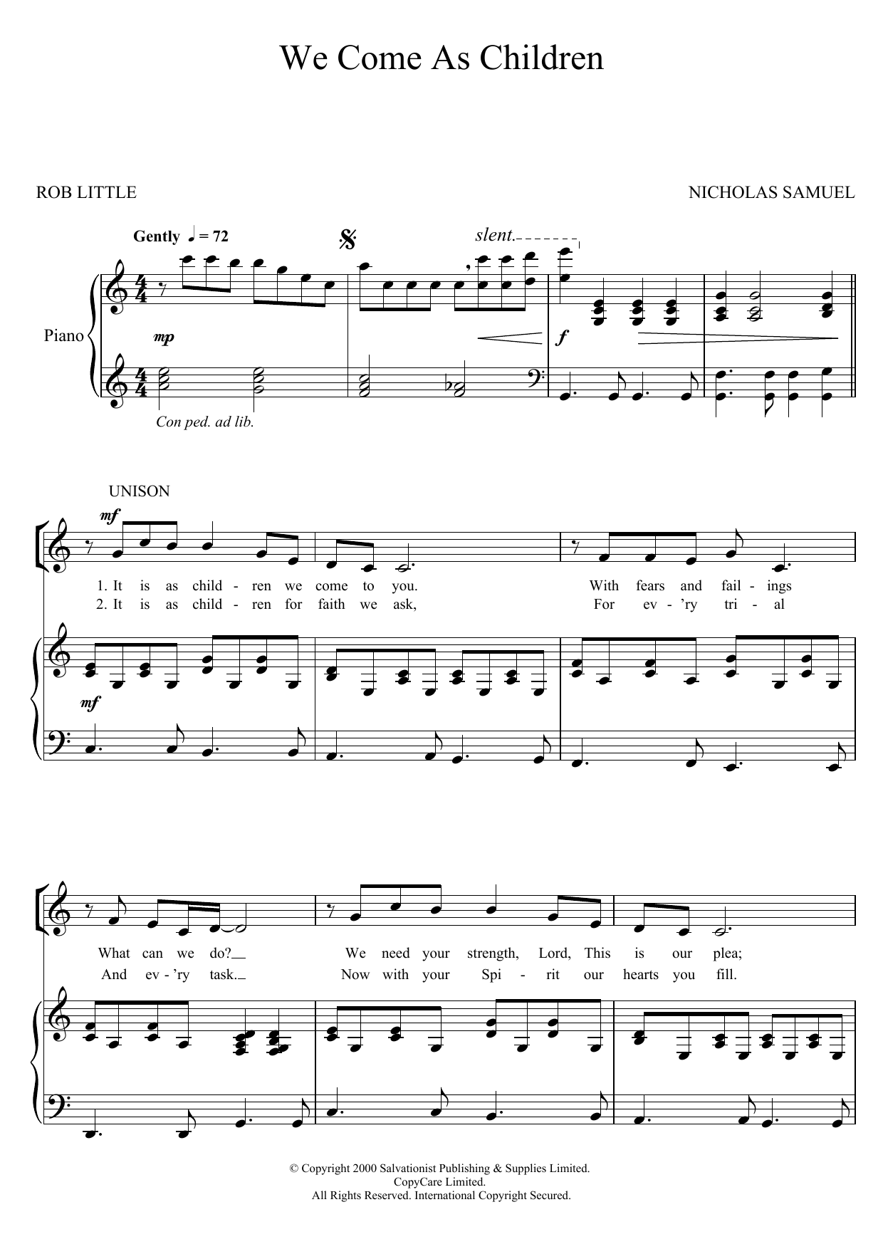 The Salvation Army We Come As Children sheet music notes and chords arranged for Unison Choir