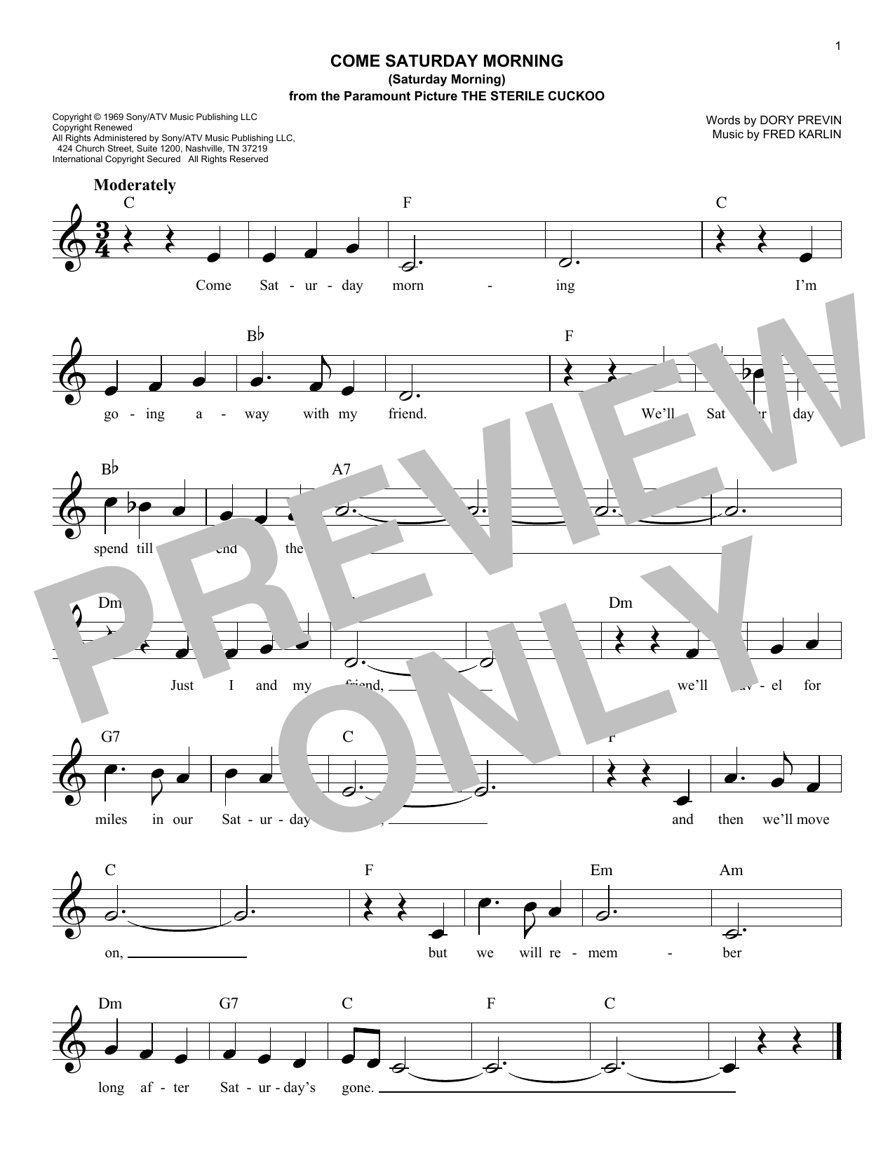 The Sandpipers Come Saturday Morning (Saturday Morning) sheet music notes and chords arranged for Lead Sheet / Fake Book