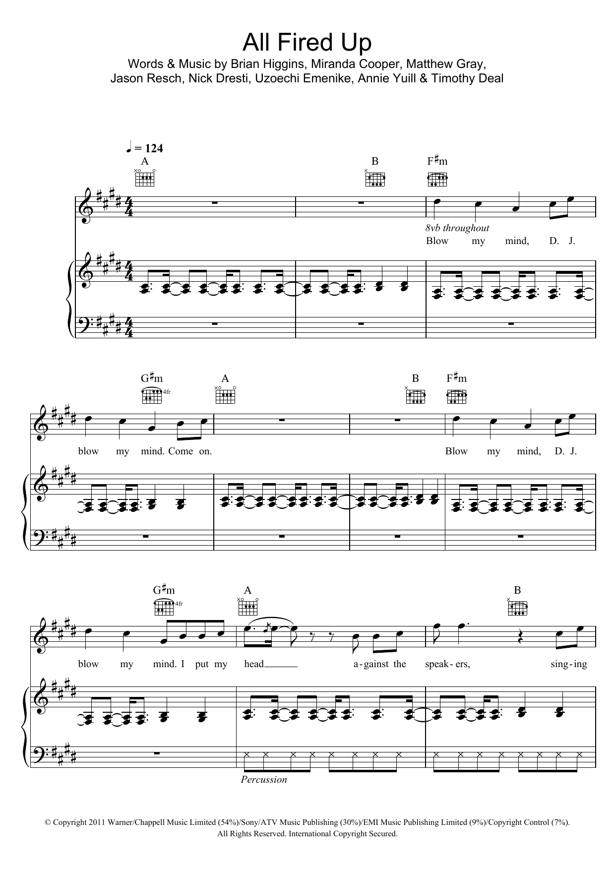 The Saturdays All Fired Up sheet music notes and chords arranged for Piano, Vocal & Guitar Chords