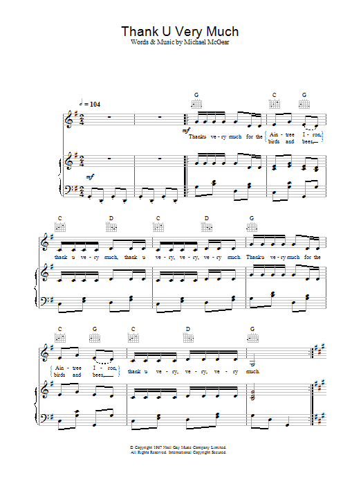The Scaffold Thank U Very Much sheet music notes and chords arranged for Piano, Vocal & Guitar Chords