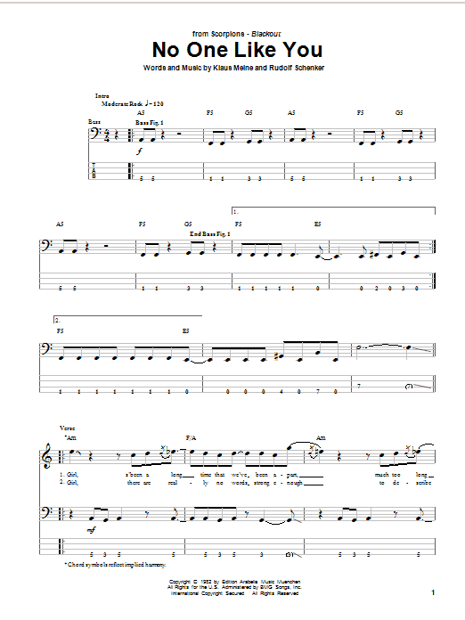 Scorpions No One Like You sheet music notes and chords arranged for Bass Guitar Tab