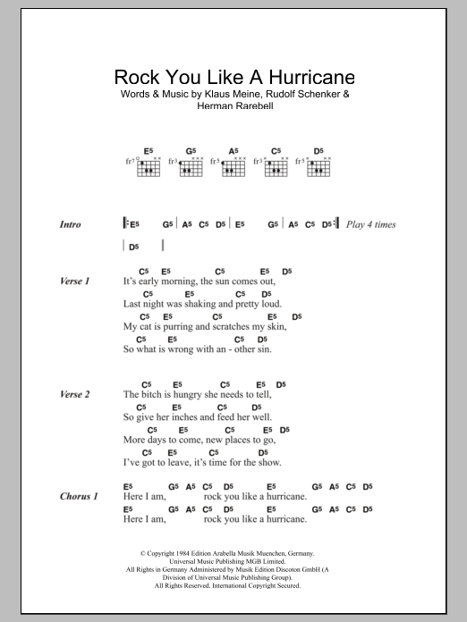 The Scorpions Rock You Like A Hurricane sheet music notes and chords arranged for Guitar Chords/Lyrics