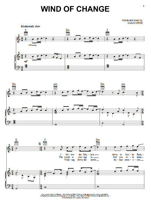 Scorpions Wind Of Change sheet music notes and chords arranged for Piano, Vocal & Guitar Chords (Right-Hand Melody)