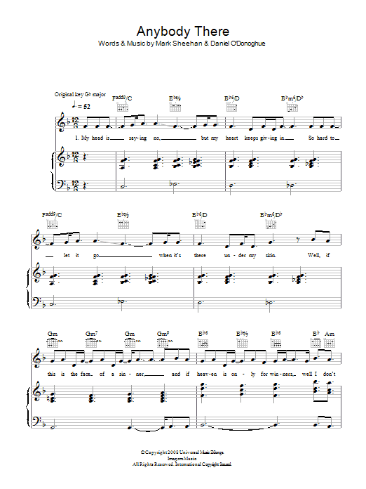 The Script Anybody There sheet music notes and chords arranged for Piano, Vocal & Guitar Chords