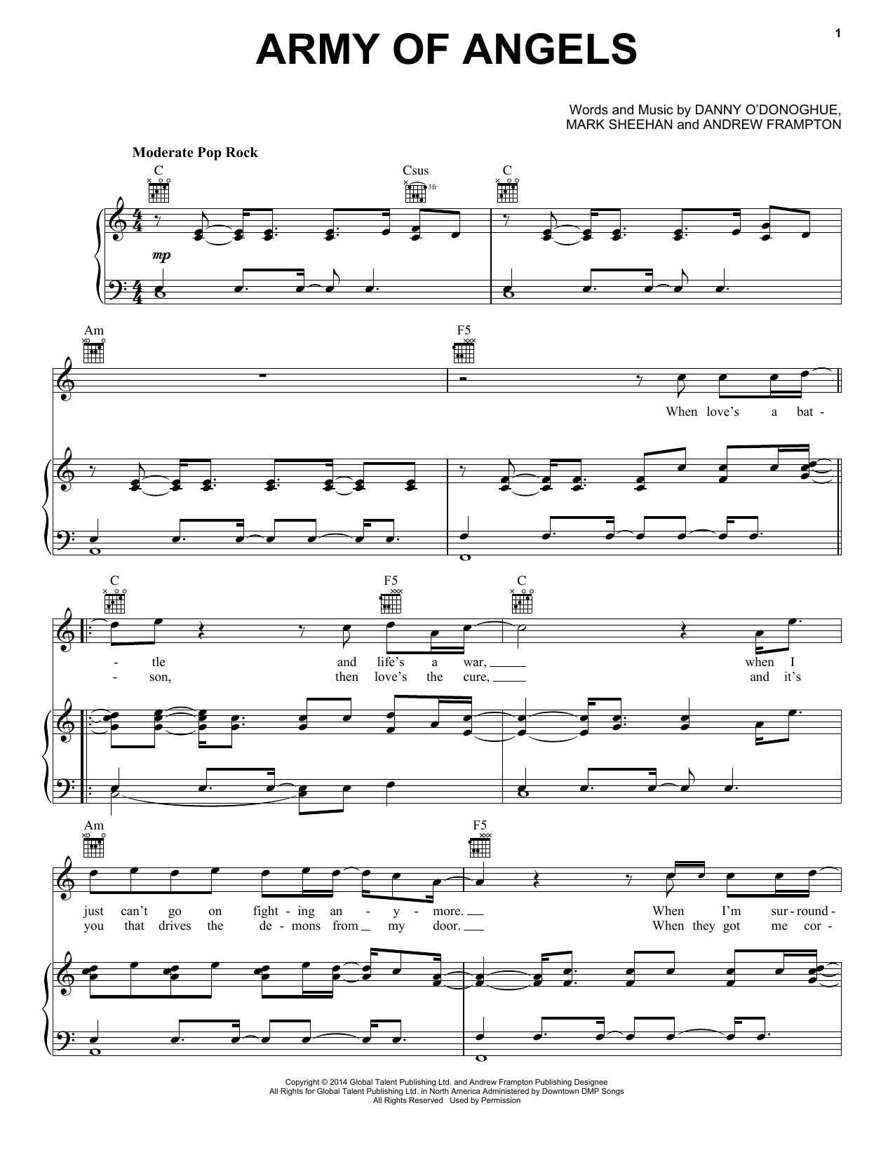 The Script Army Of Angels sheet music notes and chords arranged for Piano, Vocal & Guitar Chords (Right-Hand Melody)