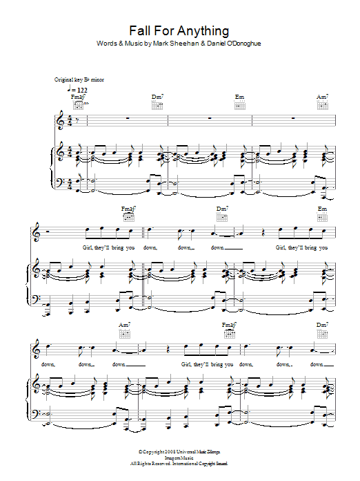 The Script Fall For Anything sheet music notes and chords arranged for Piano, Vocal & Guitar Chords