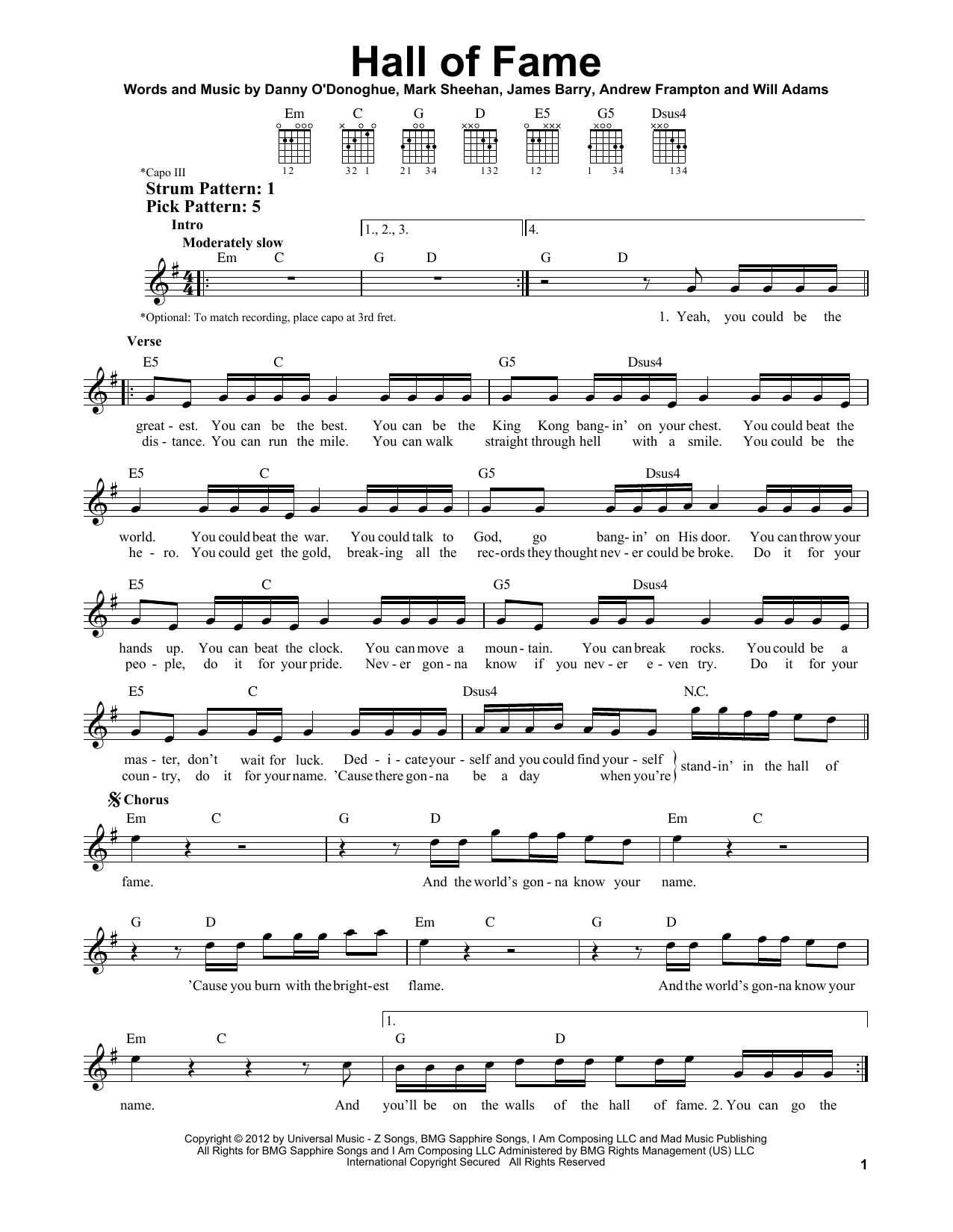 The Script feat. Will.I.Am Hall Of Fame sheet music notes and chords arranged for Easy Guitar