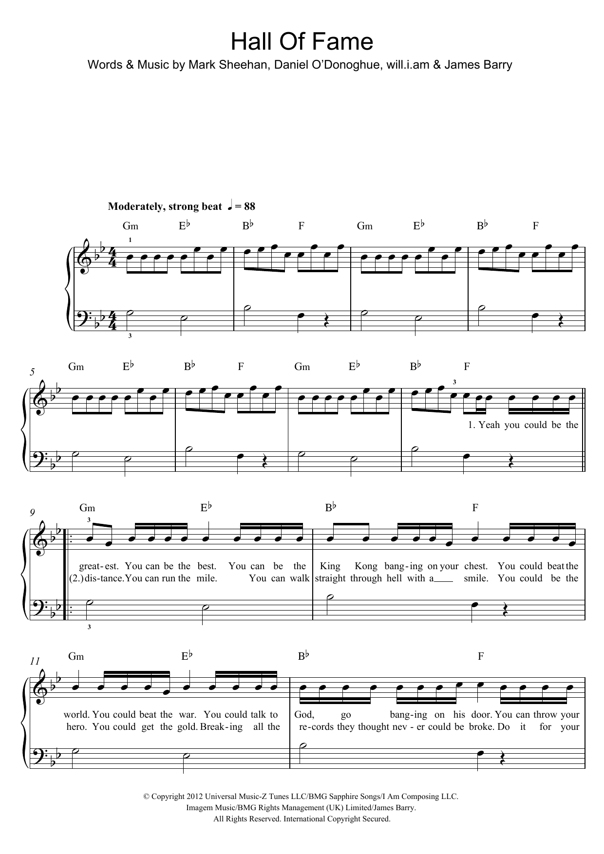 The Script Hall Of Fame (feat. will.i.am) sheet music notes and chords arranged for Easy Piano