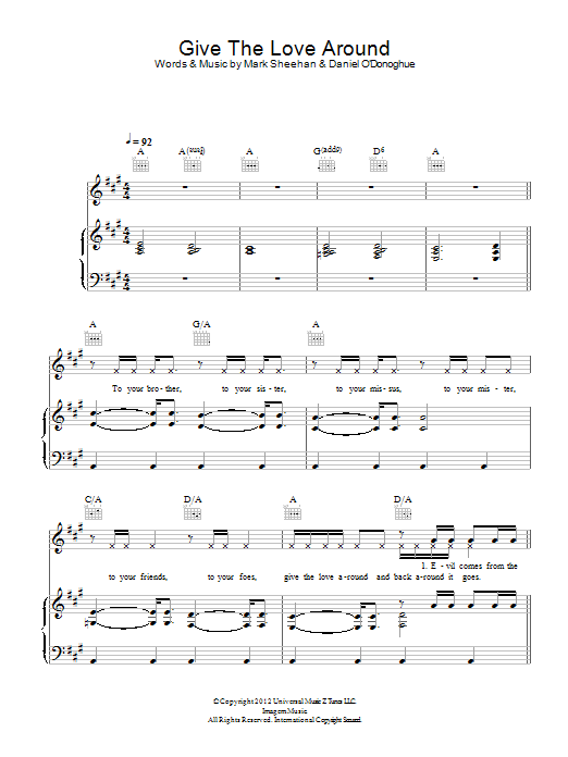 The Script Give The Love Around sheet music notes and chords arranged for Piano, Vocal & Guitar Chords