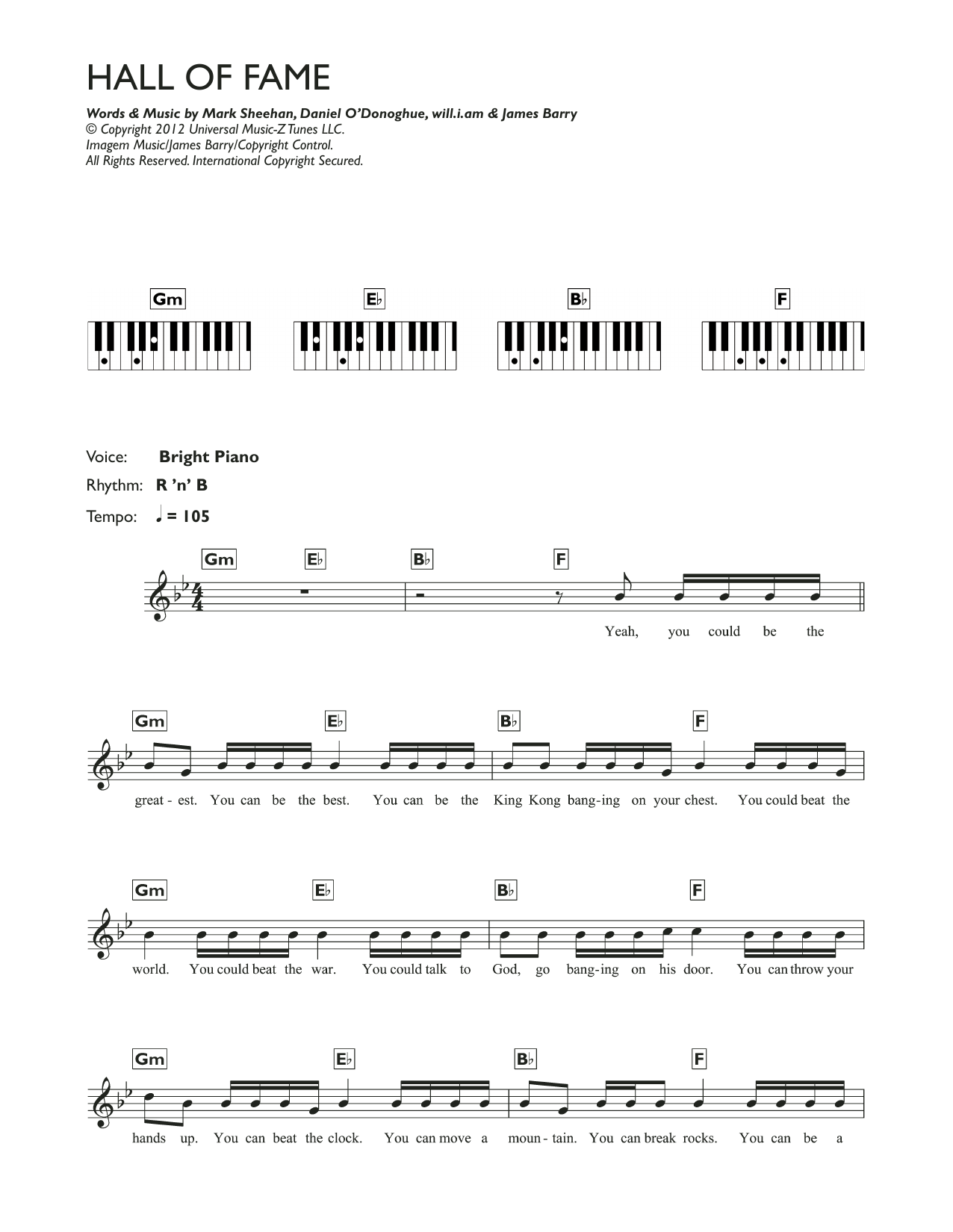 The Script Hall Of Fame (featuring will.i.am) sheet music notes and chords arranged for Piano Chords/Lyrics