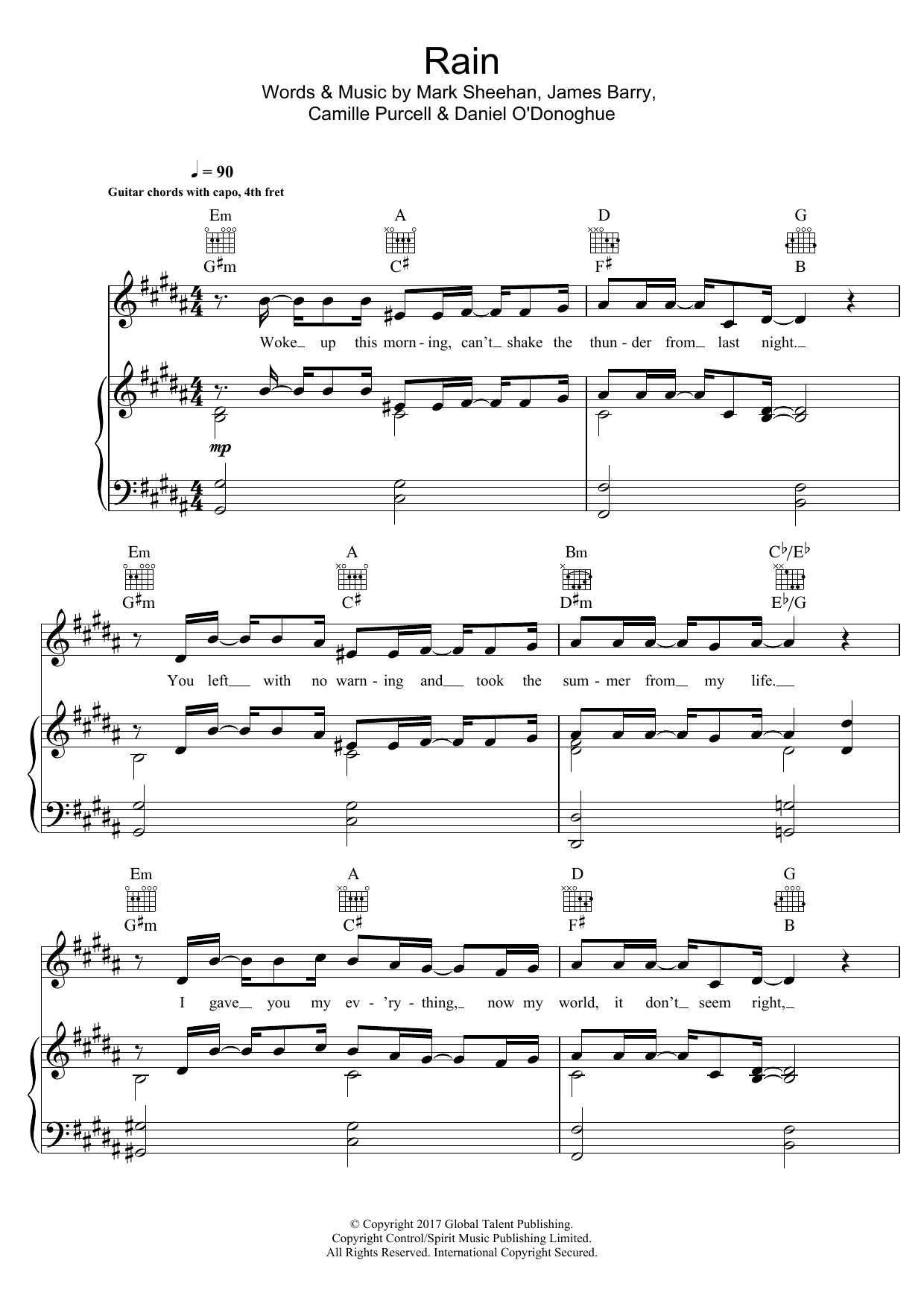 The Script Rain sheet music notes and chords arranged for Piano, Vocal & Guitar Chords