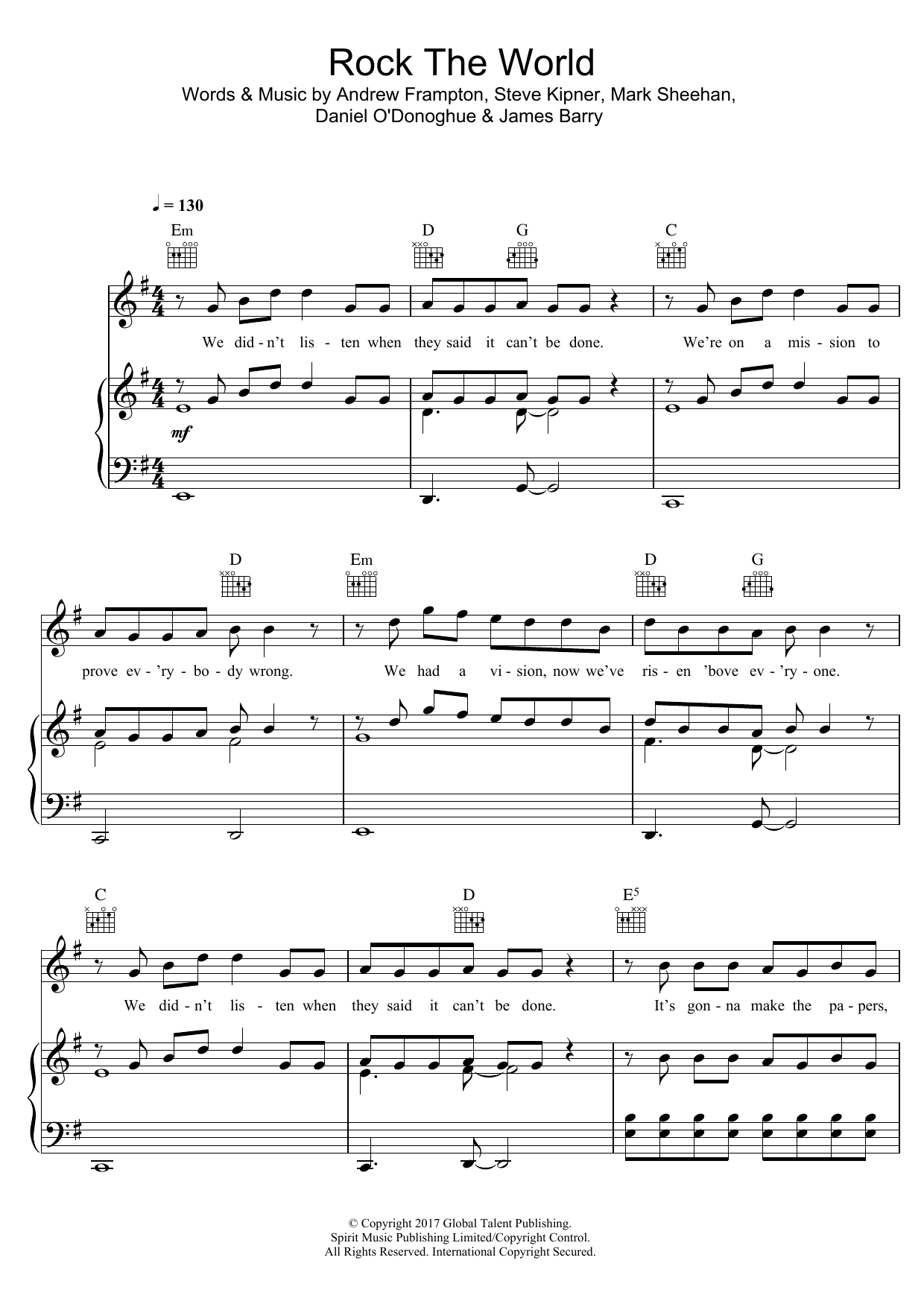 The Script Rock The World sheet music notes and chords arranged for Piano, Vocal & Guitar Chords