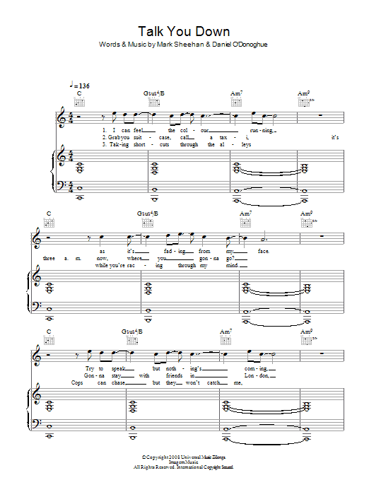 The Script Talk You Down sheet music notes and chords arranged for Piano, Vocal & Guitar Chords