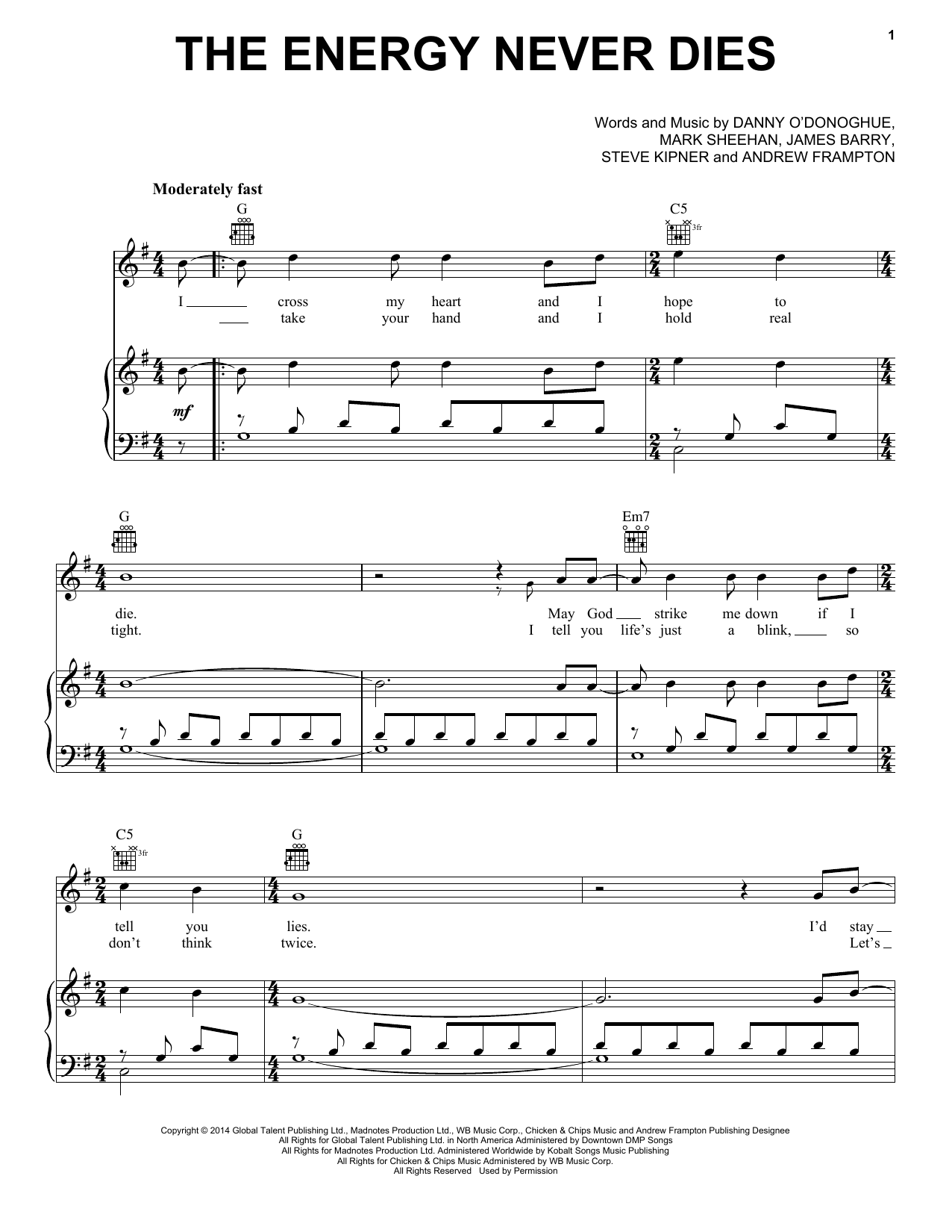 The Script The Energy Never Dies sheet music notes and chords arranged for Piano, Vocal & Guitar Chords (Right-Hand Melody)