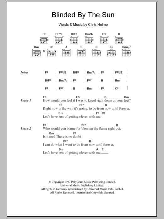 The Seahorses Blinded By The Sun sheet music notes and chords arranged for Piano Chords/Lyrics