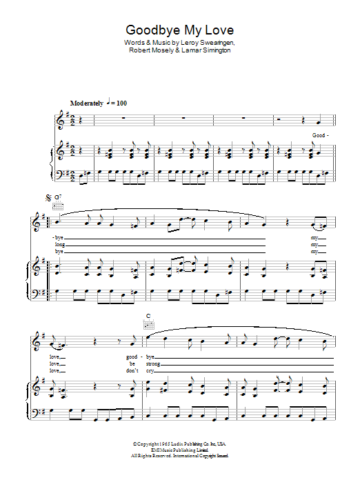 The Searchers Goodbye My Love sheet music notes and chords arranged for Piano, Vocal & Guitar Chords