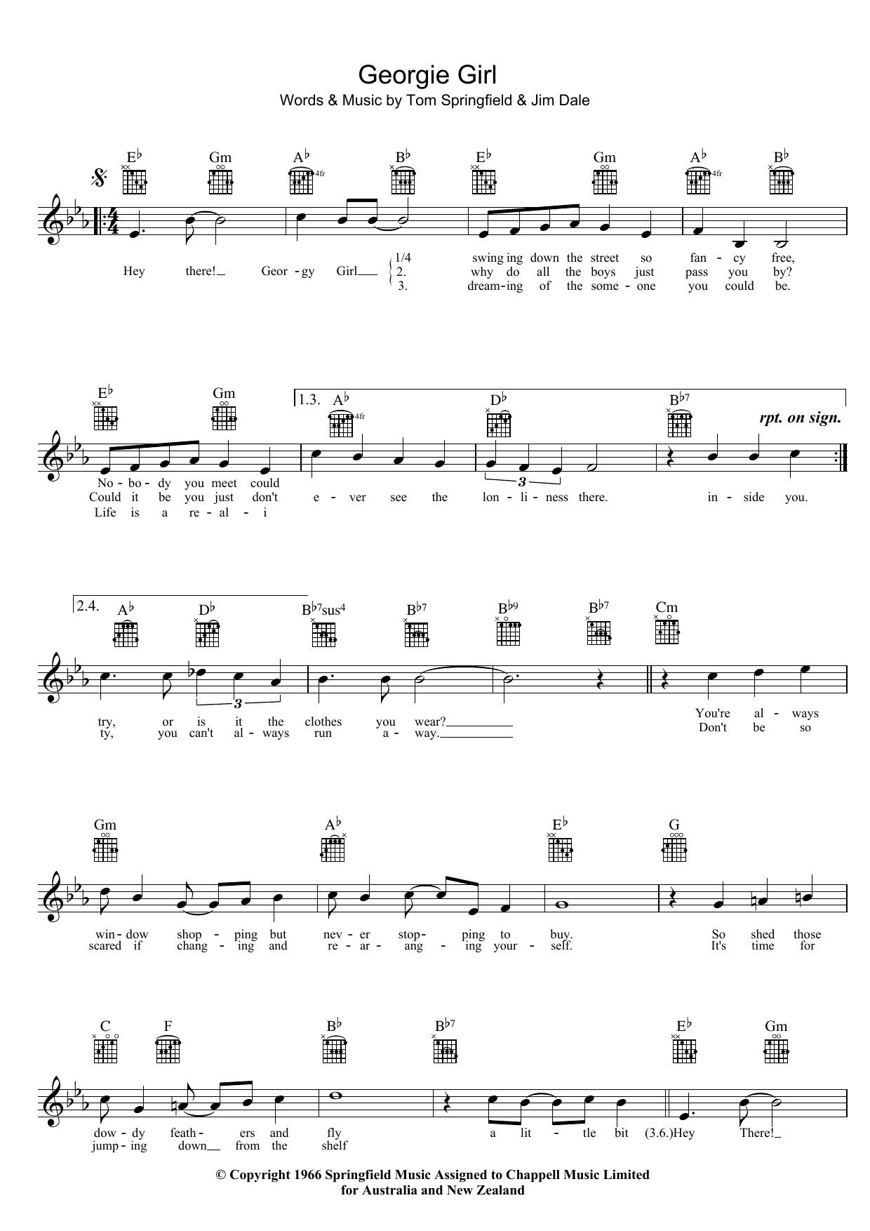 The Seekers Georgie Girl sheet music notes and chords arranged for Lead Sheet / Fake Book