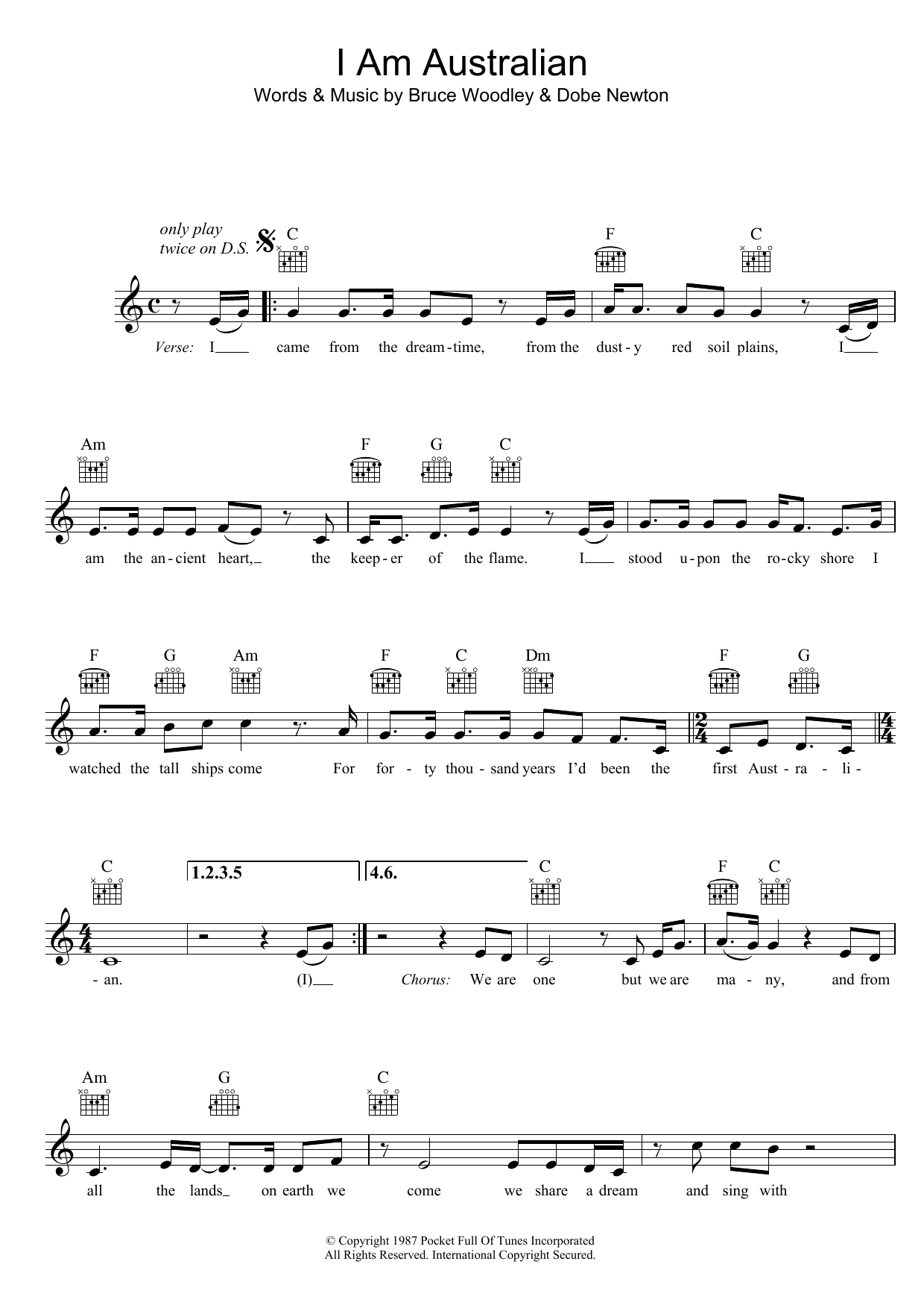 The Seekers I Am Australian sheet music notes and chords arranged for Piano, Vocal & Guitar Chords (Right-Hand Melody)