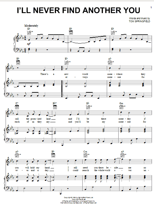 The Seekers I'll Never Find Another You sheet music notes and chords arranged for Piano, Vocal & Guitar Chords (Right-Hand Melody)