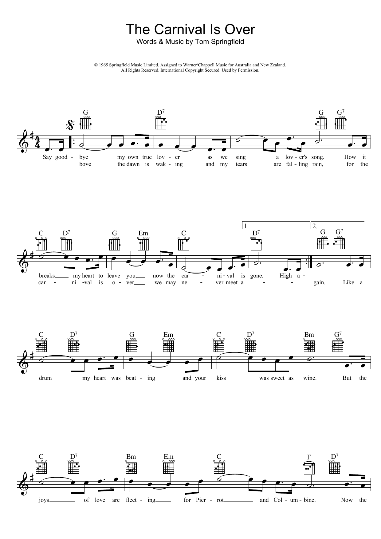 The Seekers The Carnival Is Over sheet music notes and chords arranged for Lead Sheet / Fake Book