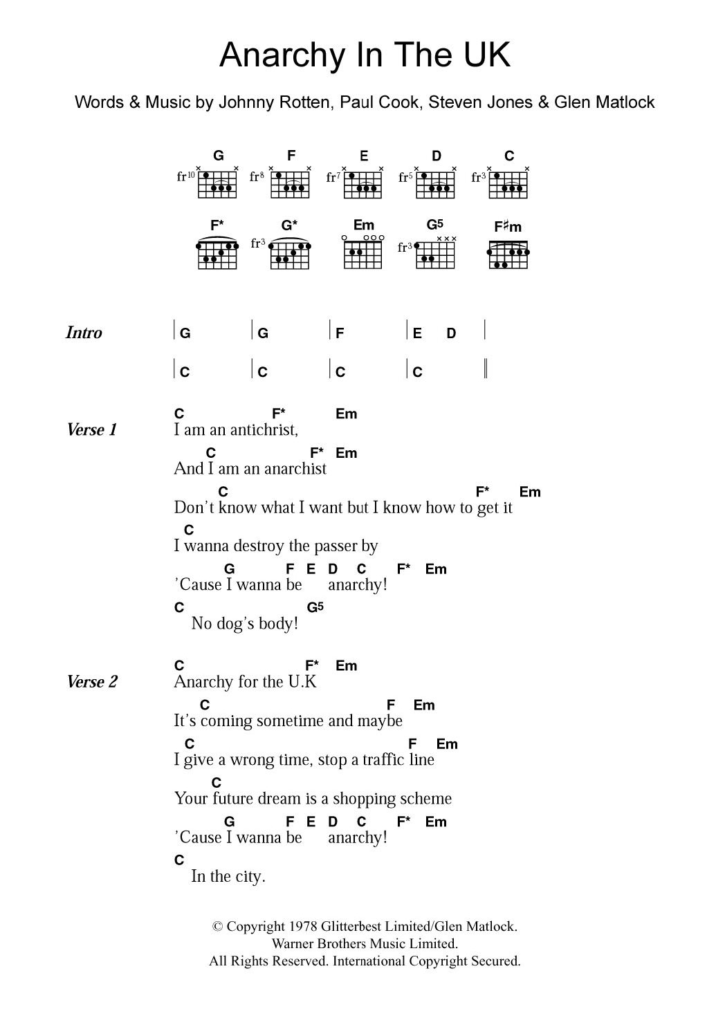 The Sex Pistols Anarchy In The UK sheet music notes and chords arranged for Guitar Chords/Lyrics
