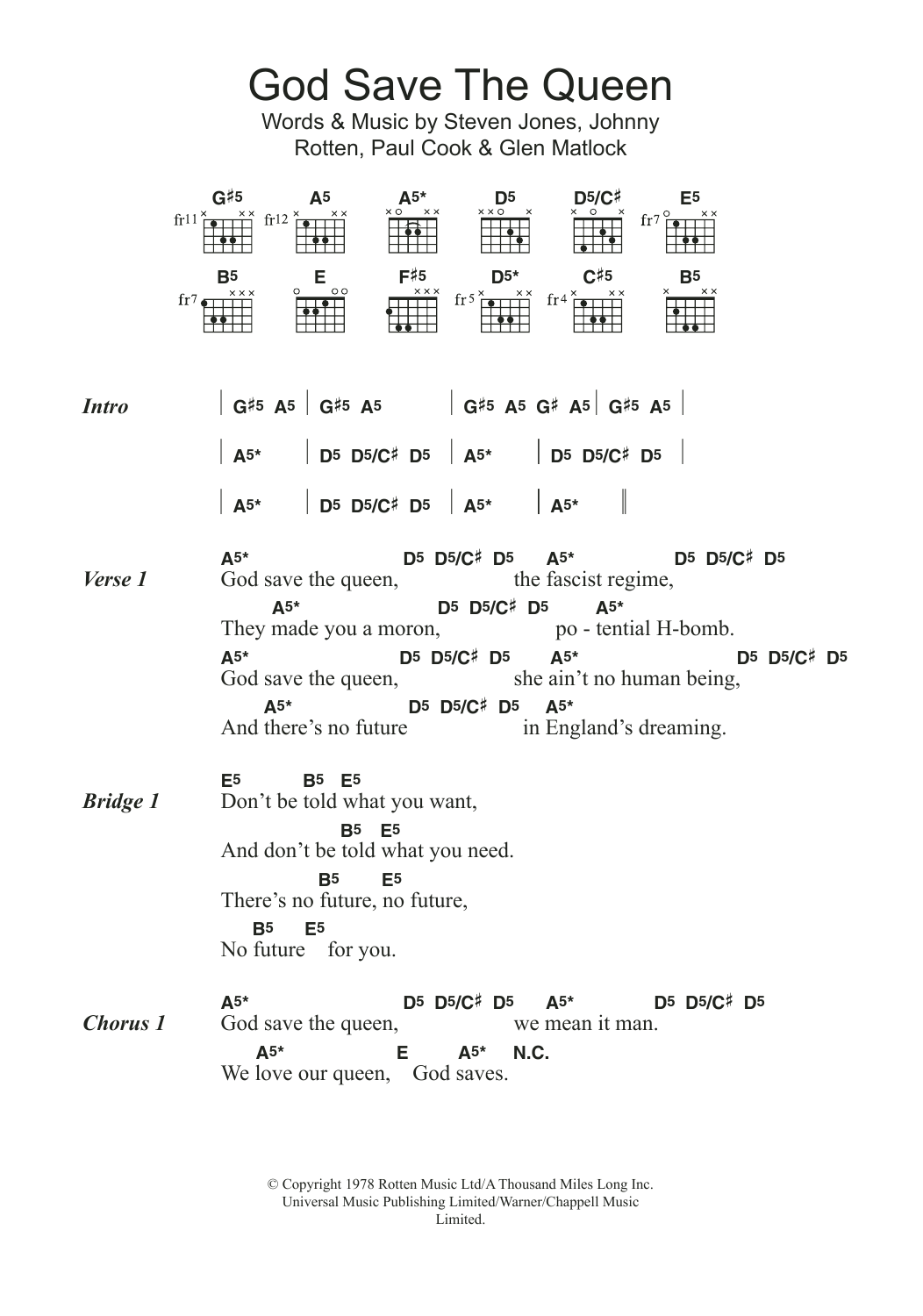 The Sex Pistols God Save The Queen sheet music notes and chords arranged for Guitar Chords/Lyrics