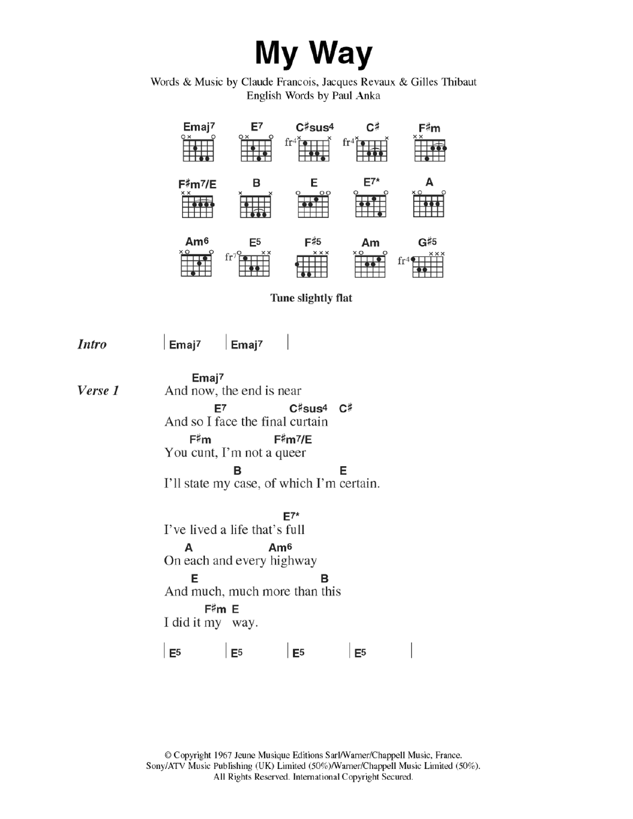 The Sex Pistols My Way sheet music notes and chords arranged for Guitar Chords/Lyrics