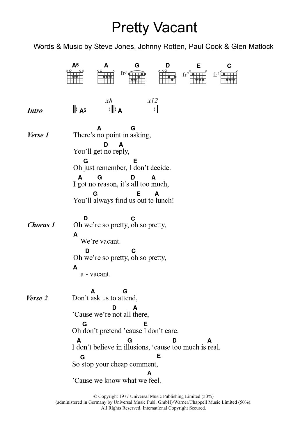 The Sex Pistols Pretty Vacant sheet music notes and chords arranged for Guitar Chords/Lyrics