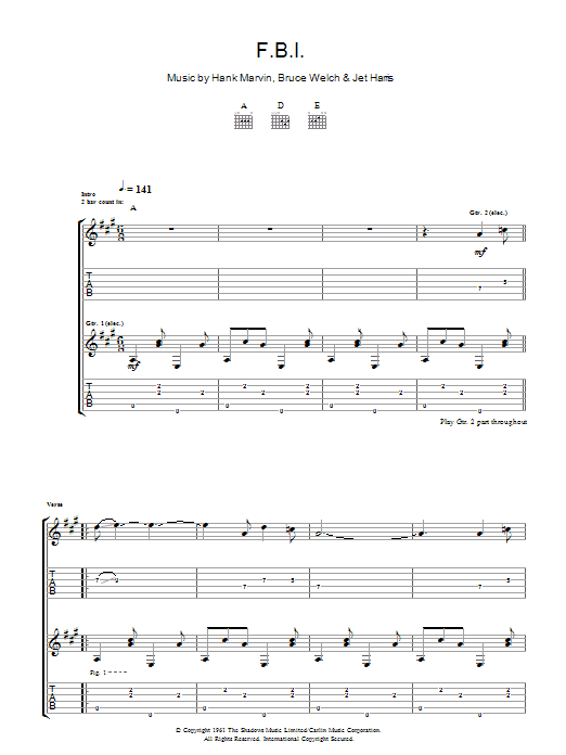 The Shadows F.B.I. sheet music notes and chords arranged for Guitar Tab