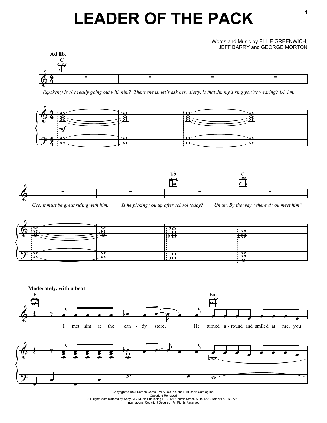 The Shangri-Las Leader Of The Pack sheet music notes and chords arranged for Easy Piano