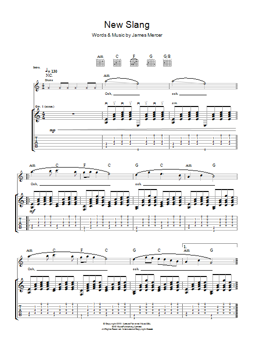 The Shins New Slang sheet music notes and chords arranged for Guitar Tab
