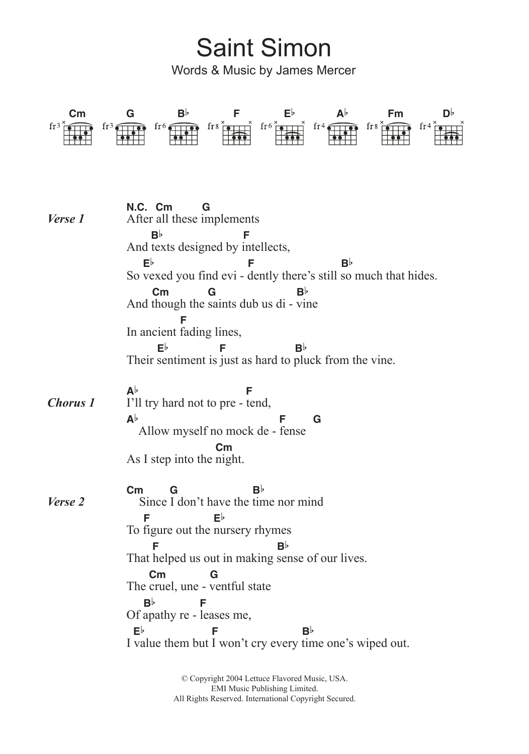 The Shins Saint Simon sheet music notes and chords arranged for Guitar Chords/Lyrics