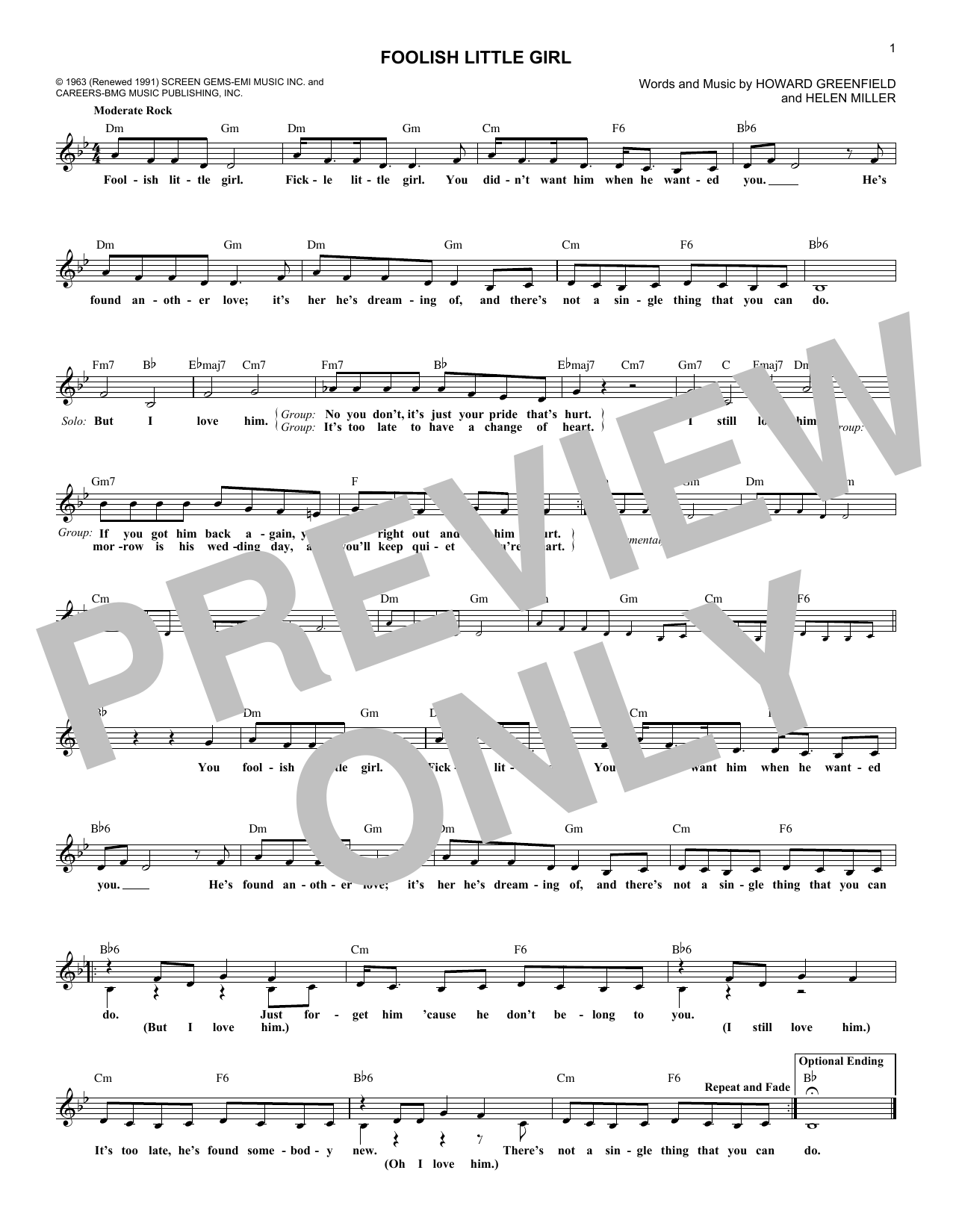 The Shirelles Foolish Little Girl sheet music notes and chords arranged for Lead Sheet / Fake Book