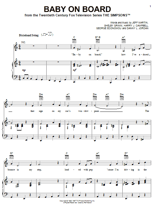 The Simpsons Baby On Board sheet music notes and chords arranged for Piano, Vocal & Guitar Chords (Right-Hand Melody)