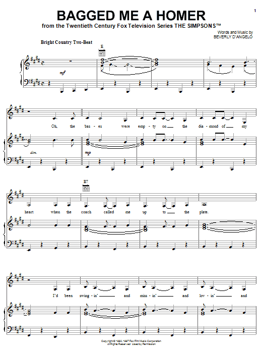 The Simpsons Bagged Me A Homer sheet music notes and chords arranged for Piano, Vocal & Guitar Chords (Right-Hand Melody)