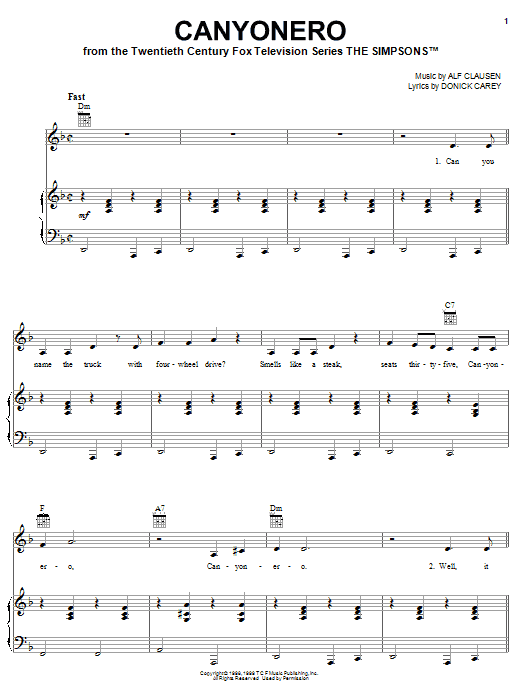 The Simpsons Canyonero sheet music notes and chords arranged for Piano, Vocal & Guitar Chords (Right-Hand Melody)
