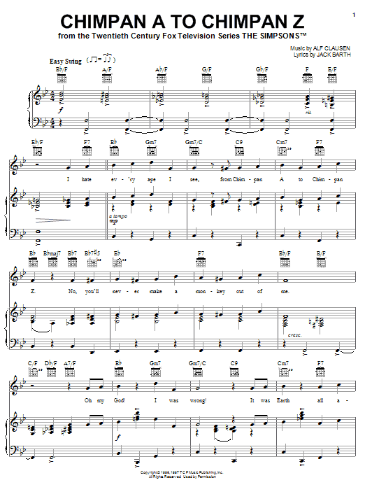 The Simpsons Chimpan A To Chimpan Z sheet music notes and chords arranged for Piano, Vocal & Guitar Chords (Right-Hand Melody)