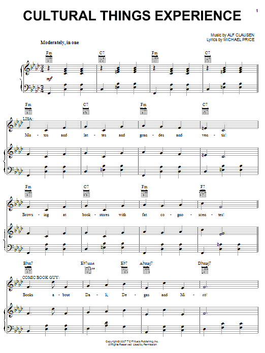 The Simpsons Cultural Things Experience sheet music notes and chords arranged for Piano, Vocal & Guitar Chords (Right-Hand Melody)