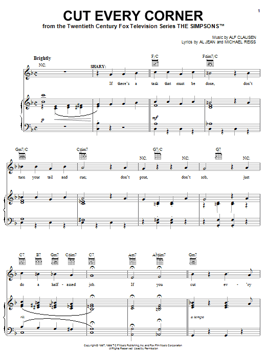 The Simpsons Cut Every Corner sheet music notes and chords arranged for Piano, Vocal & Guitar Chords (Right-Hand Melody)