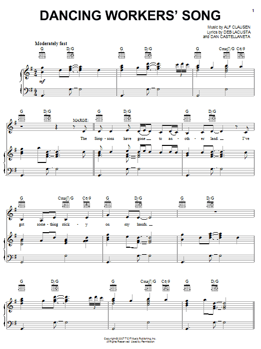 The Simpsons Dancing Workers' Song sheet music notes and chords arranged for Piano, Vocal & Guitar Chords (Right-Hand Melody)