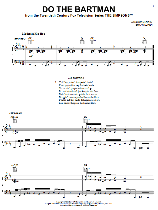 The Simpsons Do The Bartman sheet music notes and chords arranged for Piano, Vocal & Guitar Chords (Right-Hand Melody)