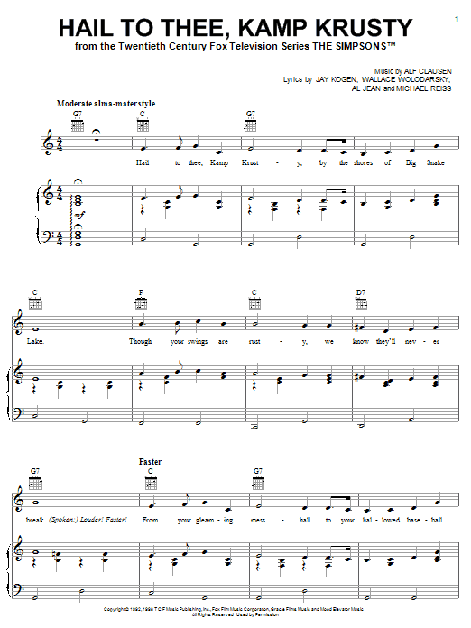 The Simpsons Hail To Thee, Kamp Krusty sheet music notes and chords arranged for Piano, Vocal & Guitar Chords (Right-Hand Melody)